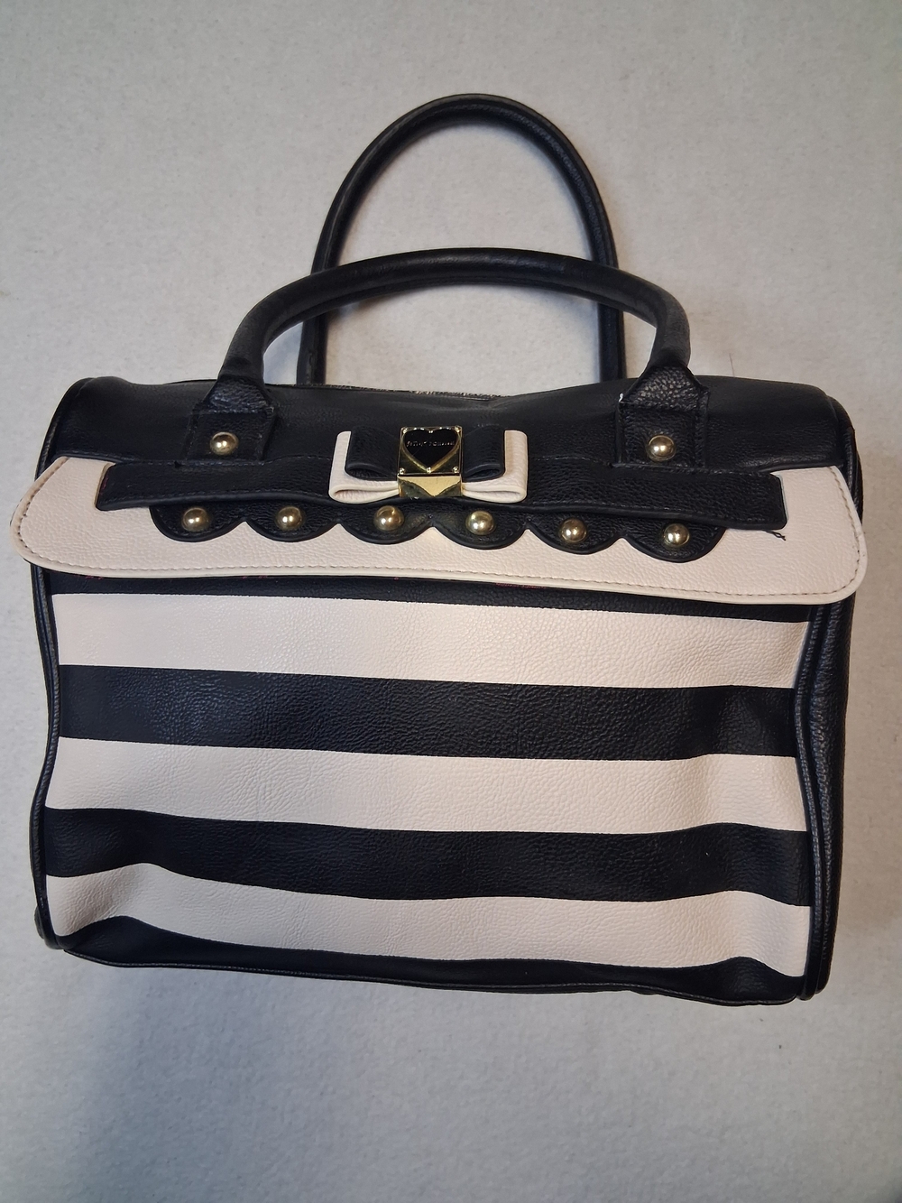 Betsey Johnson Black and Cream Striped Top-Handle Satchel with Bow Accent - Picture 2 of 13